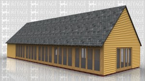 This is an oak framed swimming pool enclosure with five fully glazed doors to the front and a one pane unit either side. There are also two fully glazed doors on the right hand side with a one pane unit either side. One bay is enclosed and designed to be used as a changing room area, with internal partitions to separate three different rooms.