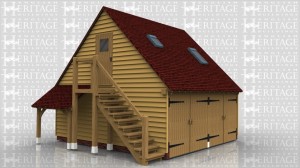 This oak framed two bay enclosed garage has parking for two cars with two sets of garage doors to the front of the building. There is an upstairs accessed by a set of stairs to the left of the building and trimming for two rooflights. There is also a logstore behind the set of stairs.