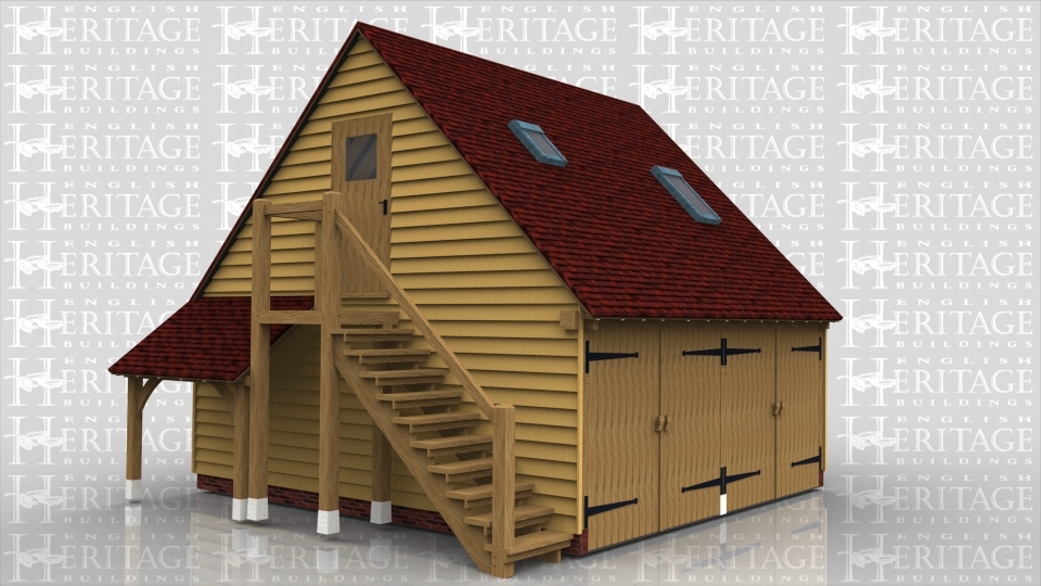 This oak framed two bay enclosed garage has parking for two cars with two sets of garage doors to the front of the building. There is an upstairs accessed by a set of stairs to the left of the building and trimming for two rooflights. There is also a logstore behind the set of stairs.