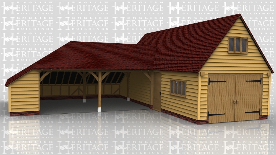 This oak framed complex is designed in an 'L' shape. There is a three bay garage with a garage door to the front and a three pane window to each bay and one on the first floor at the front. Attached to this is a two bay open garage with an enclosed catslide to the side.