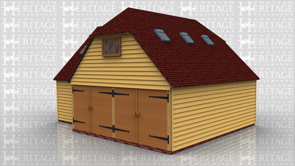 This oak framed building has two sets of garage doors at the front of the building. There is a single door for access and a three pane window on the left hand side. At the rear of the building there is a three pane window at the top and there is also a two pane window and a signle pane window. There is also seven rooflights, two at the front, three on the right handside, two at the rear of the building.