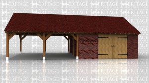 This is an oak frame designed to be attached to an existing building. The frame has two open garage bays with no walls to the front or rear. The roof has gable ends with a small circular window on each end.