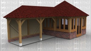 This is an oak framed garden room with glazing to three walls and a pair of garden room style doors to the front. Attached to the side is a two bay store with open walls to the front and side.