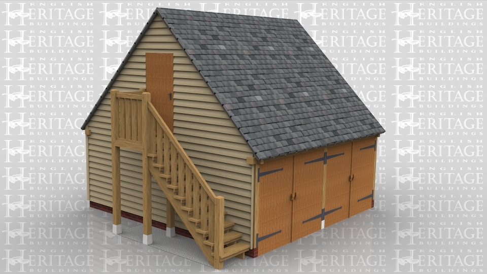 This is a two bay oak framed building, with access via the two sets of garage doors at the front. There is an external staircase on the left handside leading to the upper floor, on the right hand side there is a two pane window and there is two rooflights at the front to bring in more natural light to the upper floor.