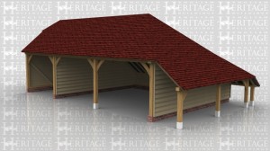 This is a three bay oak framed garage with open bays. There is a barn hip roof ending on the left hand side and an open logstore on the right hand side.