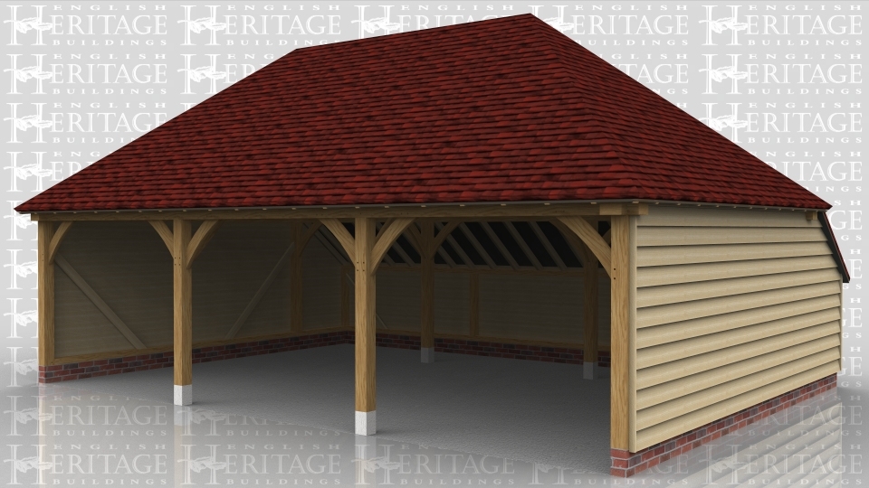This three bay oak framed garage has open bays and an enclosed logstore at the rear.