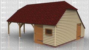 This is a three bay oak framed building, threre are two open bays and one open bay used as a storeage/workshop area which is accessed via the wide door at the front or the wide door on the right hand side. There is also a mullion window at the front and a barn hip at each end.