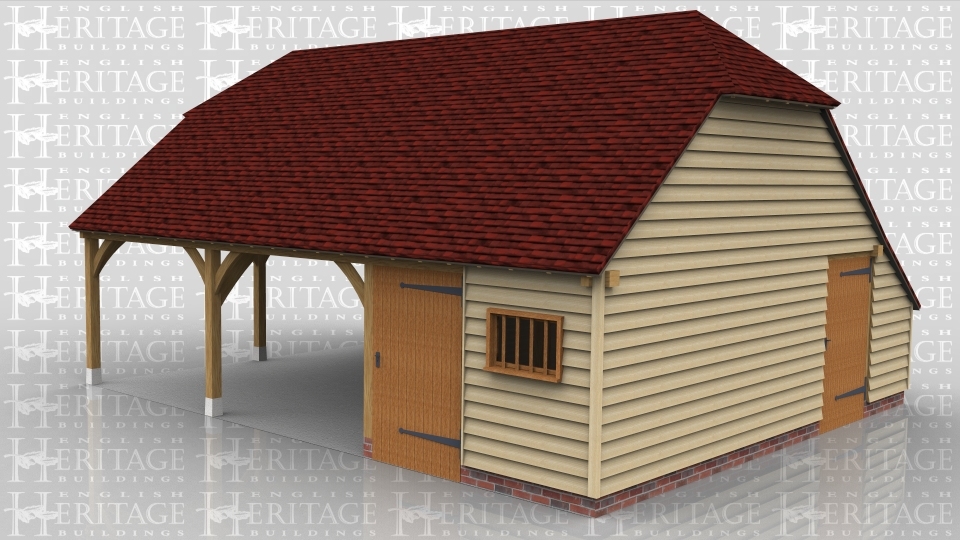 This is a three bay oak framed building, threre are two open bays and one open bay used as a storeage/workshop area which is accessed via the wide door at the front or the wide door on the right hand side. There is also a mullion window at the front and a barn hip at each end.