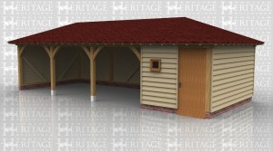 This oak framed garage has two open bays and one enclosed bay to be used as a store or workshop. The enclosed bay is accessed via a single door to the front and also has a single pane window.