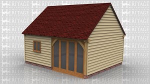 This oak framed building is designed to be used as a home leisure building or garden room. It has two bays, one of which is glazed with full length windows to the front and the other has a two pane window. There is also a single circular window on the right hand side.