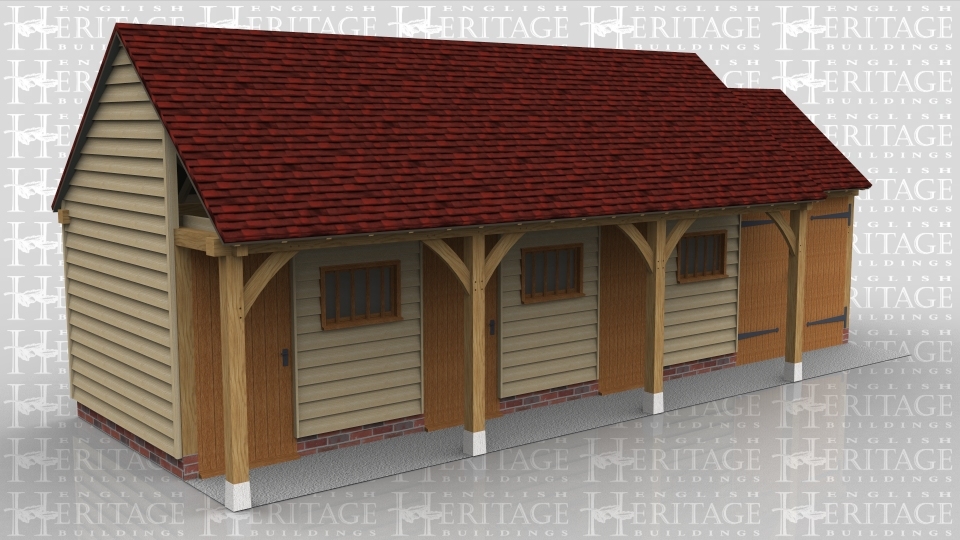 This oak framed building is comprised of two different frames. One is a three bay stable with each bay enclosed and accessed via a stable door to the front and a mullion window. The other frame is a single bay enclosed garage with standard garage doors to the front.