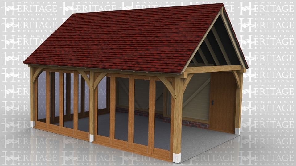 This two bay oak framed building is designed to be attached to an exisiting building. The front of the building has two, four pane units and on the left hand side there is a five pane unit. The building is accessed via the single door at the rear of the building.