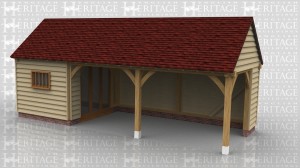 This oak framed building has three bays, one enclosed bay to be used as a store or workshop, and two open bays. The store is accessed via internal doors in the open bays. There are three full length windows on the right hand side.