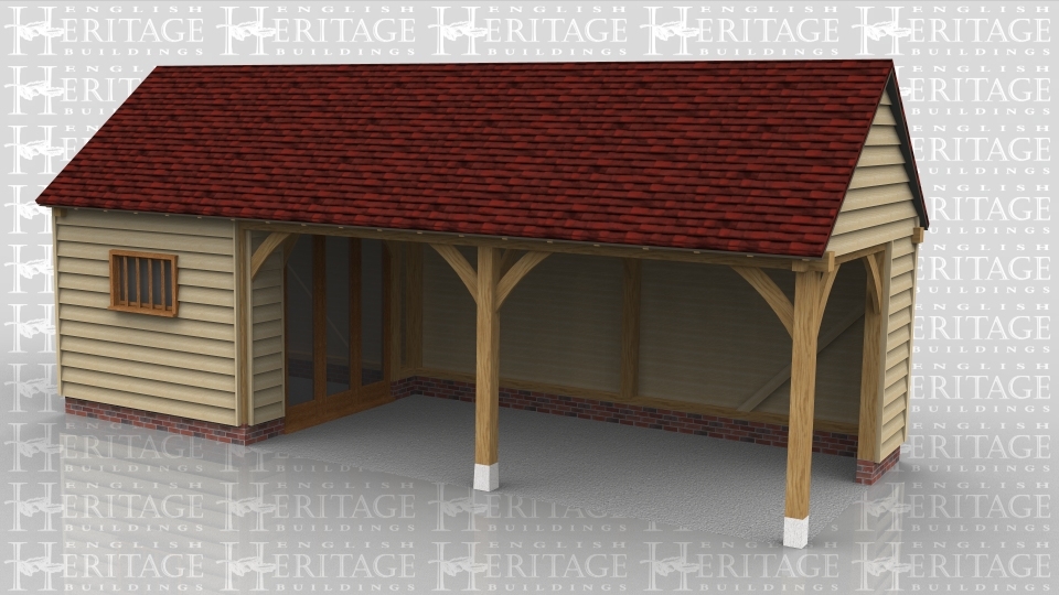 This oak framed building has three bays, one enclosed bay to be used as a store or workshop, and two open bays. The store is accessed via internal doors in the open bays. There are three full length windows on the right hand side.