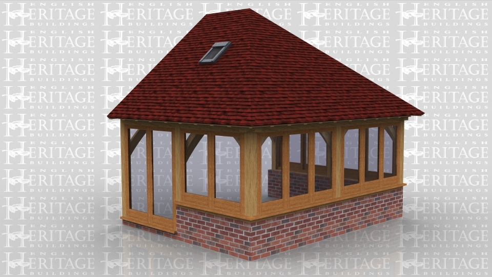 This is an oak framed building which is designed to be attached to an existing building. All three sides are glazed and all the glazing, apart from the two pane unit doors, sits on a dwarf cavity brick wall. There are also two rooflights: one at the front and one at the rear.