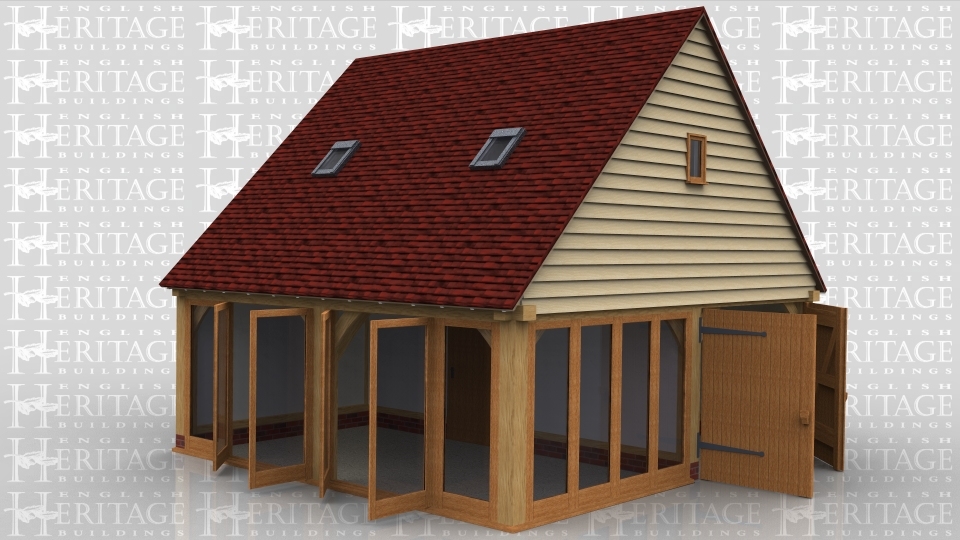 This is an oak framed building with an upper floor which shows how a leisure or work area can integrate with a more functional storage area. The front section is fully glazed on two sides with internal access into one rear section which would house the internal staircase, giving access to the upper floor. The other rear section is partitioned off as a storage area with external access via garage doors.