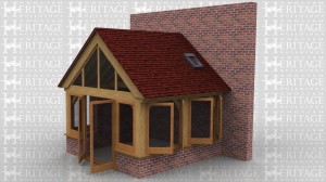 This is an oak framed extension which is fully glazed and is a good example of how an oak frame can easily integrate with dwarf and full height brick walls to blend in with existing buildings. There is also a rooflight on the right hand side.