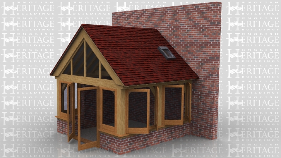 This is an oak framed extension which is fully glazed and is a good example of how an oak frame can easily integrate with dwarf and full height brick walls to blend in with existing buildings. There is also a rooflight on the right hand side.