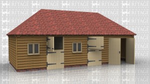 This is a three bay oak framed equestrian building.There are two stables with a two pane window to the right of the doors and the third bay is suitable for a tack room accessed via double doors.