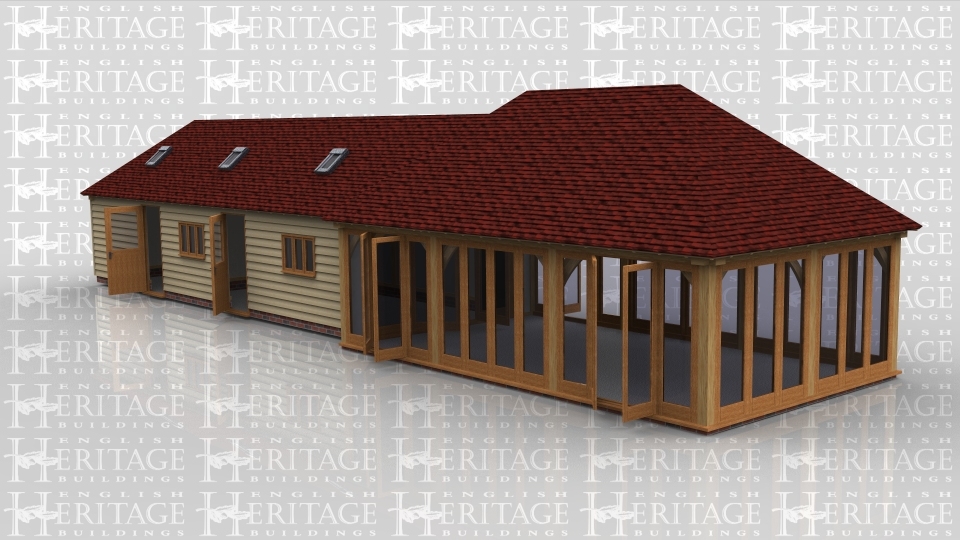 This is a six bay oak framed building. The three bays on the right hand side have full height glazing all round giving a fantastic open plan area with plenty of natural light - ideal for office or home leisure area. The three bays on the left are enclosed and divided into two separate areas with an internal partition with mullion windows to the front and rooflights at the front and rear of the builiding to give natural light.