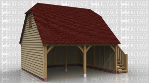 This is a two storey oak framed building with an upper floor which is accessed via the external staircase on the right hand side. On the left hand side there is a two pane window to bring in more natural light to the upper floor. There is also a barn hip at each end.