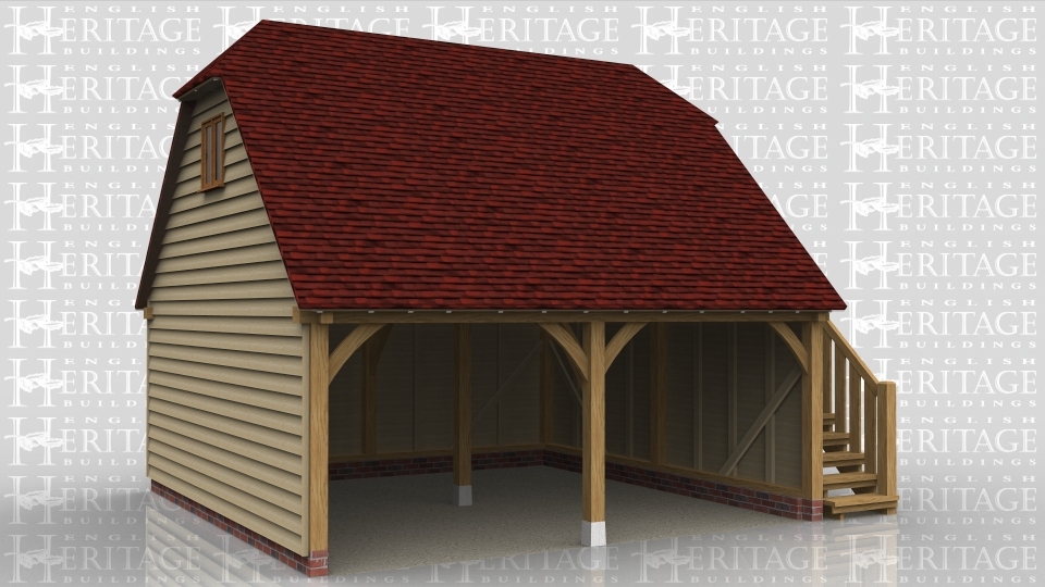 This is a two storey oak framed building with an upper floor which is accessed via the external staircase on the right hand side. On the left hand side there is a two pane window to bring in more natural light to the upper floor. There is also a barn hip at each end.