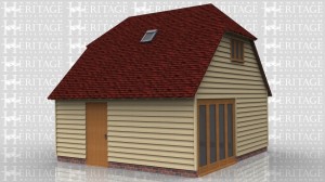 This is an oak framed building with a upper floor which is accessed via an internal staircase. There is a single door at the front and a three pane window on the left and right hand side, there is also a four pane unit on the right hand side, a rooflight at the front and the rear with a barn hip at each end.