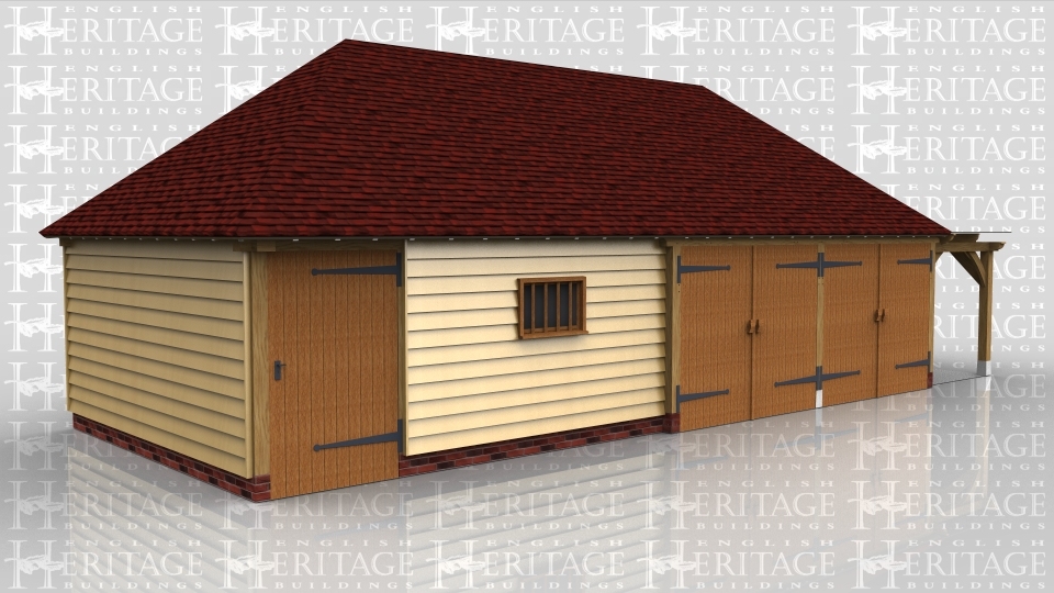 This oak framed building is comprised of four bays, all enclosed. The first two bays act as a workshop or store room, accessed by a single door to the front and a two pane window. The other two bays accessed by a garage door to the front of each. On the right hand side there is an open pergola accessed by a single door on the right hand side.