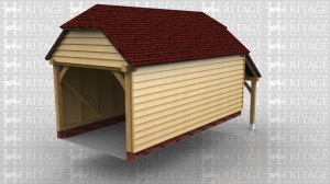This is a one bay oak framed garage with barn hip ends and an open log store to the rear on a split level site.