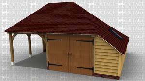 This is a two bay oak framed building with one enclosed garage bay and one open bay. There is an enclosed logstore on the right side and trimming for one rooflight.