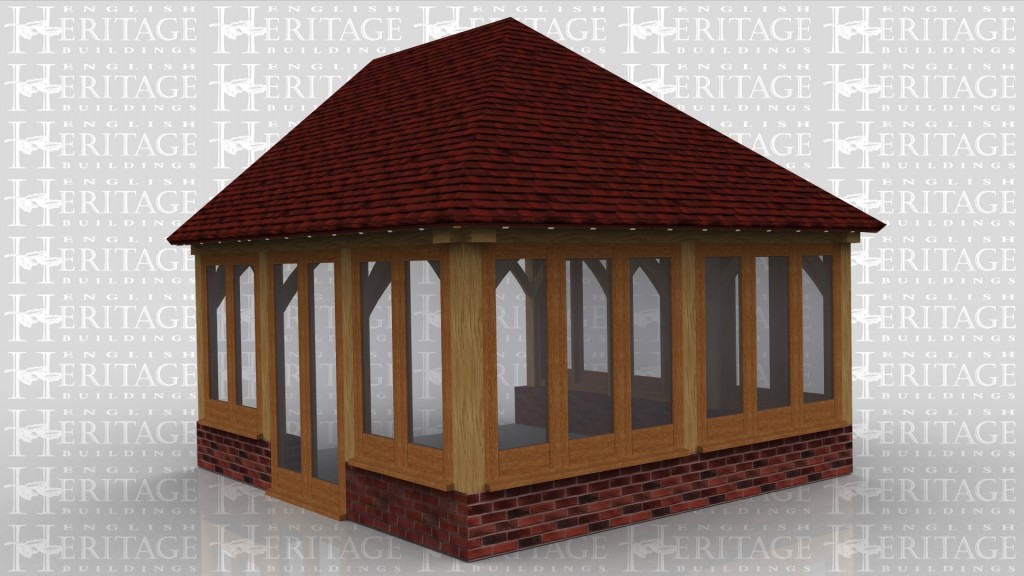 This is an oak framed building designed to be attached to an existing building.There is a pair of fully glazed french doors and the rest of the windows sit on a dwarf cavity brick wall.