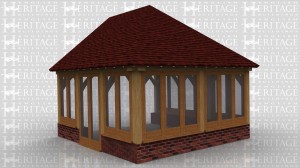 This is an oak framed building designed to be attached to an existing building.There is a pair of fully glazed french doors and the rest of the windows sit on a dwarf cavity brick wall.