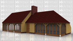 This oak framed building is formed of two different frames, the first is a three bay enclosed home leisure building with fully glazed units to the front, and an enclosed store to the rear. The second frame is a three bay enclosed home leisure building, with two glazed units to the front and a solid single door. There is an enclosed store to the rear and trimming for a chimney on the left.