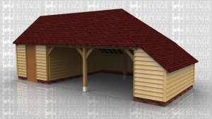 This oak framed building has three bays; one is enclosed and designed to be used as a store or workshop, and the other two are open for parking. The enclosed bay is accessed via a single door to the front and has a four pane window to the left side. The right hand side of the building has an enclosed logstore.