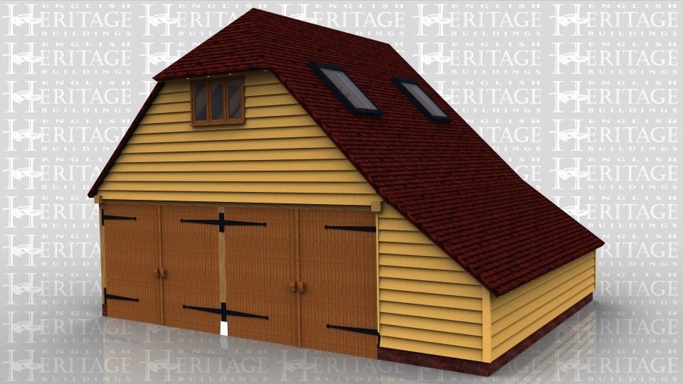This oak framed two storey garage is formed of two enclosed bays, accessed via two sets of garage doors to the left side. There is an enclosed logstore to the front and an external oak staircase to the right side. To the first floor there is access by a single solid door and trimmings for two rooflights. To the left side of the building there is a three pane window.