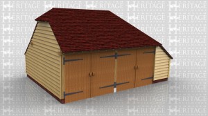 This oak framed building has two enclosed garage bays secured by garage doors and an enclosed logstore to the right hand side.