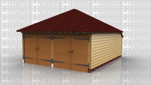 This oak frame building is a two bay garage with two sets of garage doors to the front and an enclosed store to the rear.