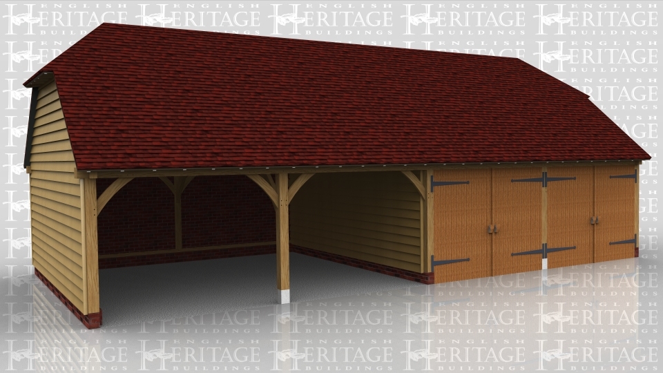 This oak framed building is a four bay garage, with two bays open and two bays enclosed. The enclosed bays are secured with standard garage doors.