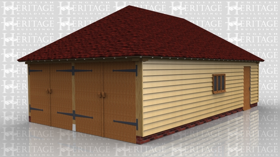 This oak framed garage building has a set of garage doors to the left hand side and a single solid door to the front. There are also three pane windows to the front and side.