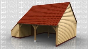 This is an oak framed garage with two open bays and a enclosed logstore on the left hand side.