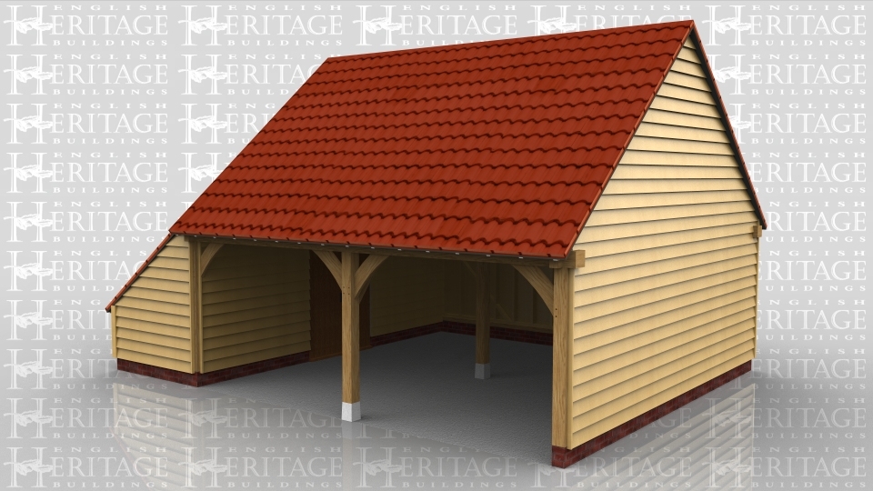 This is an oak framed garage with two open bays and a enclosed logstore on the left hand side.