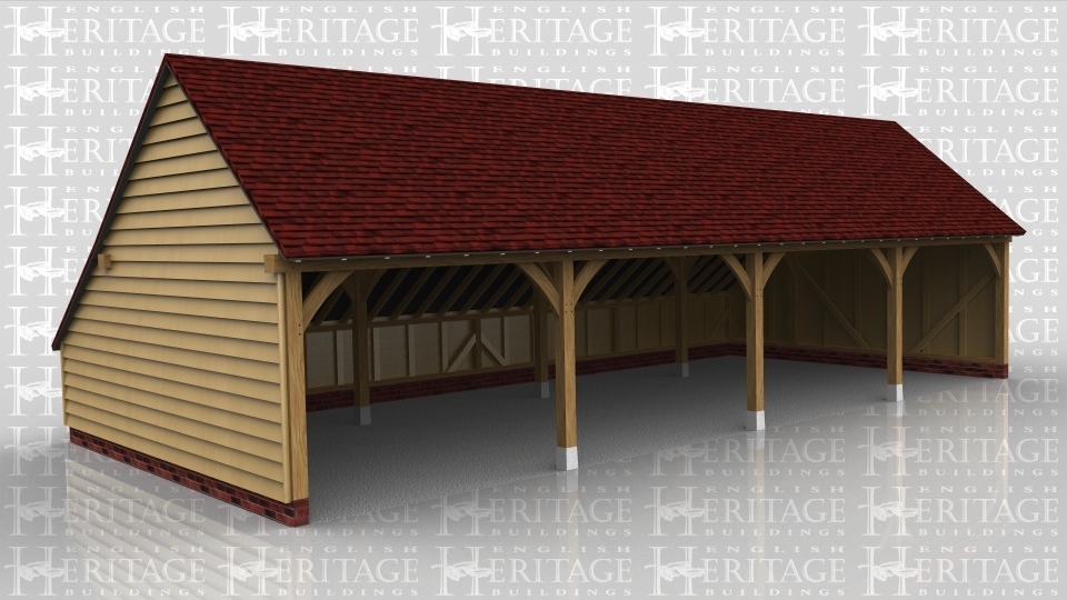 This oak framed garage has four open bays and an enclosed store to the rear.