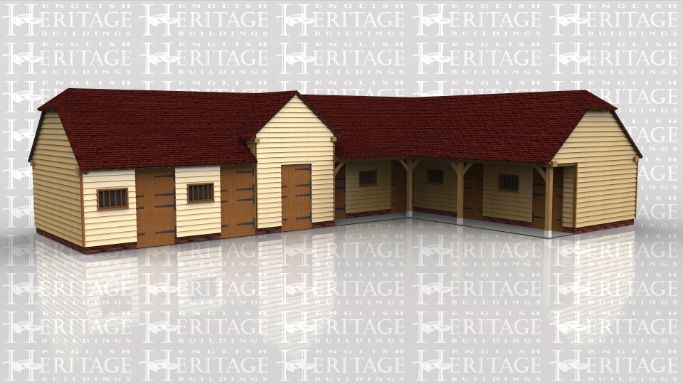 This oak framed stable complex has two frames; the first is a six bay stable, with enclosed bays and access via a set of stable doors to the front and rear of each bay. There are also mullion windows to each bay. Attached to this is a two bay stable, with enclosed bays and setback partitions to the front. Access is via stable doors to the front and rear of each bay.