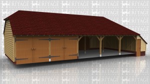 This is an oak framed building with three open garage bays and two enclosed bays.The enclosed bays are accessed by garage doors to the front. There is also a store to the right hand side accessed by a single door.