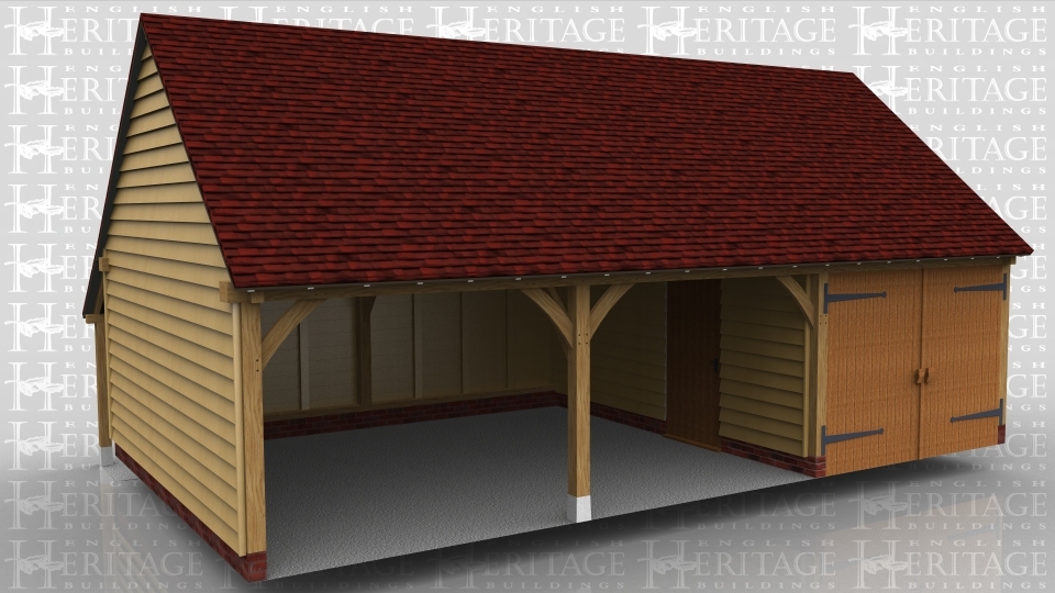 This oak framed three bay garage has two open bays and one enclosed. The enclosed bay is accessed via a garage door. To the rear there is an open store and a mullion window to the right hand side.