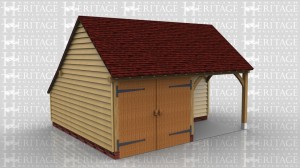 This oak framed home leisure building is formed of two bays; both are enclosed, but one has a set back partition to the front to form a porch effect. The other bay is accessed by a set of garage doors. There is an enclosed store to the rear.