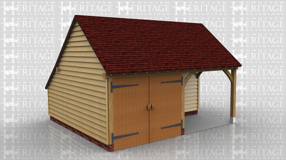 This oak framed home leisure building is formed of two bays; both are enclosed, but one has a set back partition to the front to form a porch effect. The other bay is accessed by a set of garage doors. There is an enclosed store to the rear.