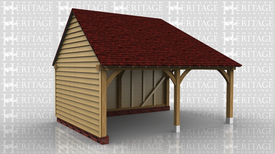 This oak framed garage is formed of two open bays, with the right side left open as well.