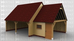 This oak framed building has two enclosed garage bays, accessed via garage doors to the front. To the right there is a slightly smaller bay to be used as a store or workshop. This is accessed via a single door to the front and a mullion window. The frame is designed to be attached to an existing building.