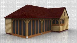 This oak framed garden room has two bays with full length garden room windows to the front and left hand side, and one smaller bay with a two pane window to the front and a three pane window to the right hand side. There is also a circular window on the first floor.